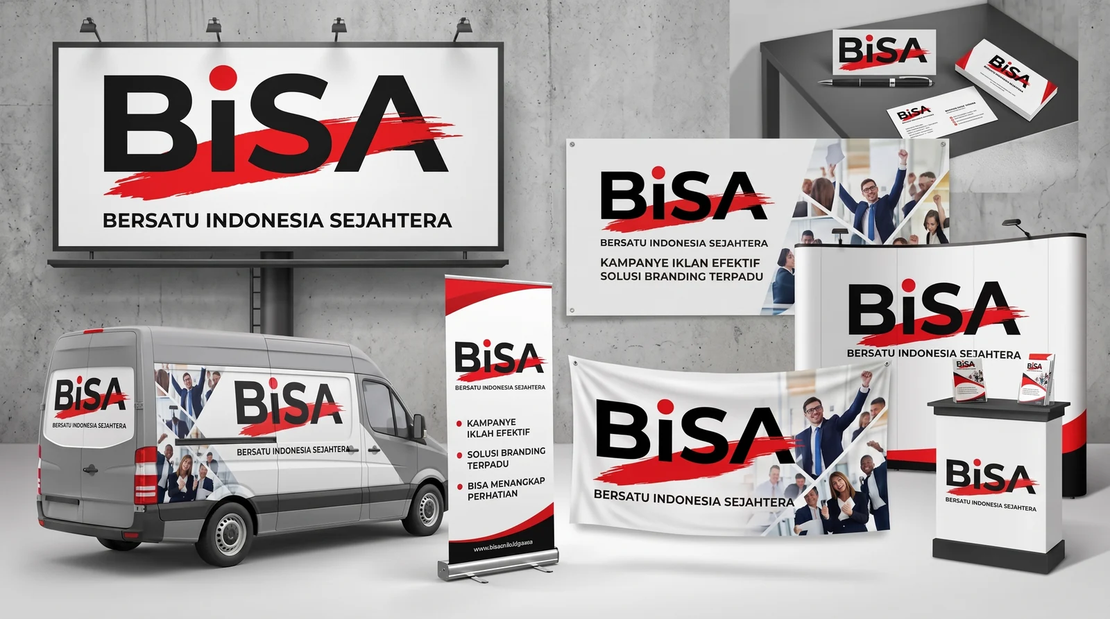 Mockup hasil branding BISA Digital Printing: billboard, banner, kartu nama, dan livery mobil